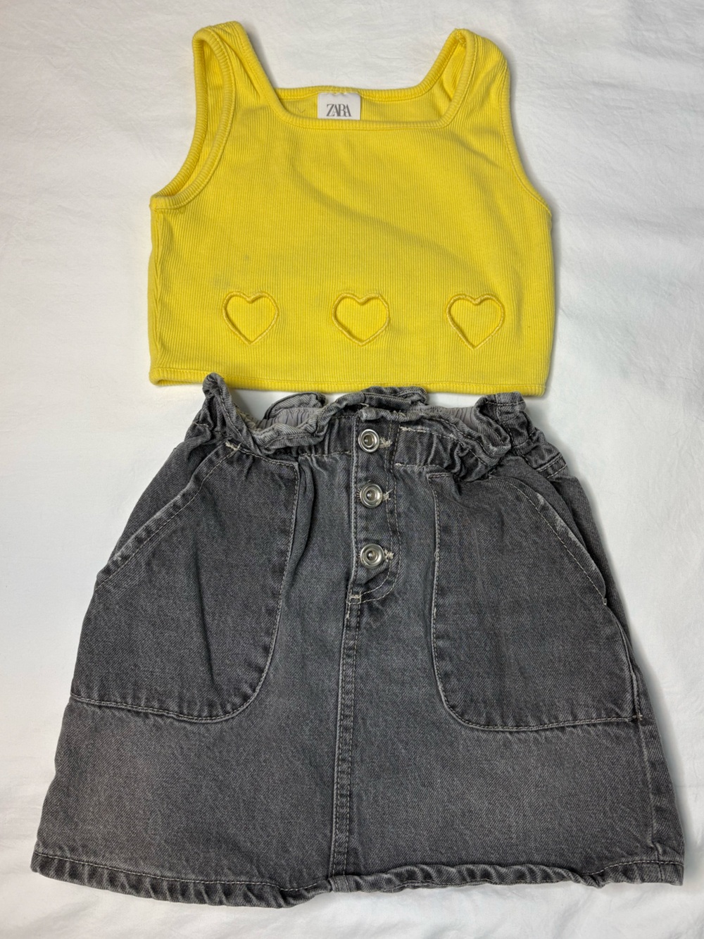 Zara Girls Grey Denim Skirt and Yellow Heart Ribbed Crop Tank Top Size 8-9